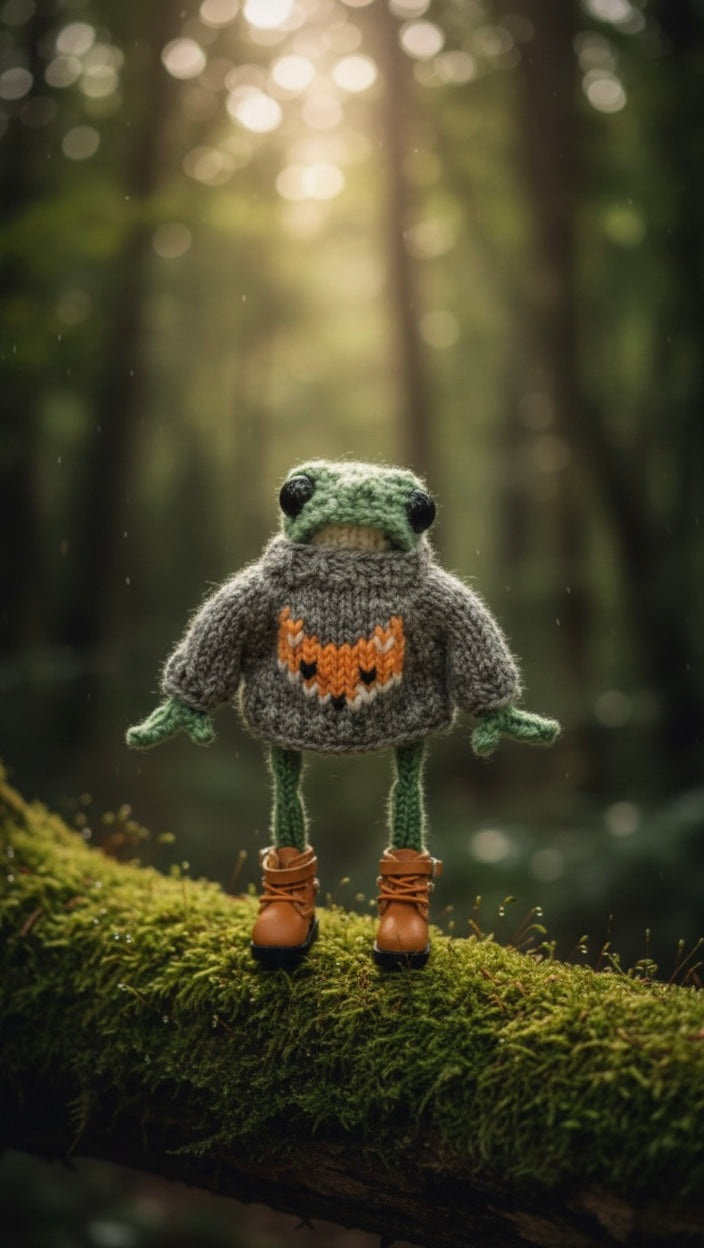 ⭐ Handgehäkelter Frosch 13cm | Amigurumi Deko | Fuchs Pullover & Stiefel | Geschenkidee
