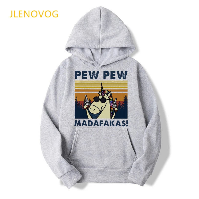 Funny Pew Pew Madafakas Unisex Gray Hoodies Women/Men Cat/Dog/Unicorn/Penguin/Duck With Gun Sweatshirt Femme Streetwear
