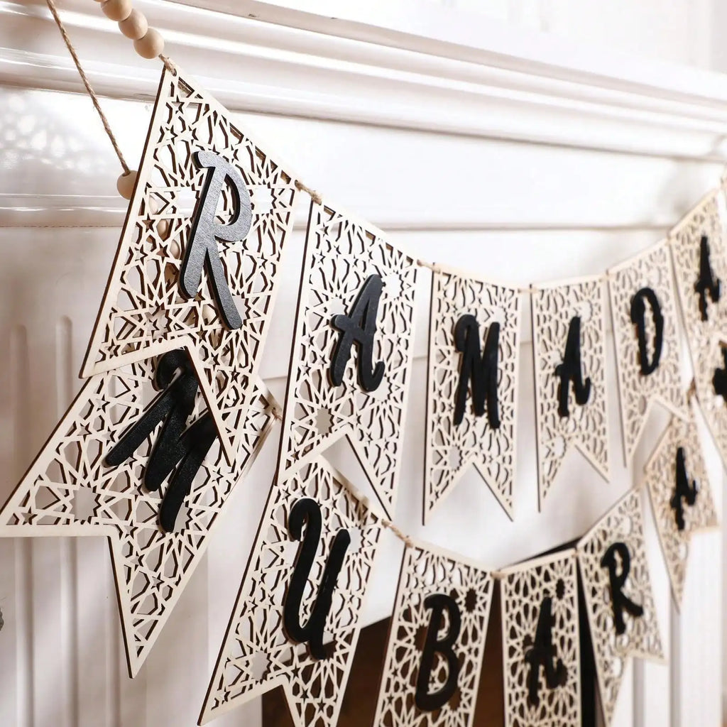 ⭐Holz Girlande Ramadan Mubarak | Rustikaler Perlen Banner | Eid Deko Set 2-teilig