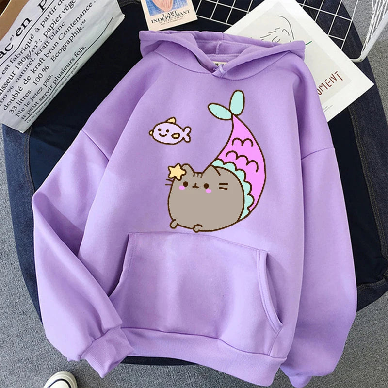 Women Ullzang Cute Cat Sweatshirt Funny Cartoon Pusheen Cat Kawaii Harajuku Korean Style Hoodies Graphic Fashion Hoody Female