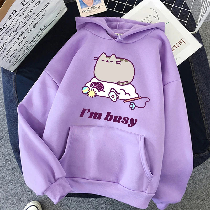 Women Ullzang Cute Cat Sweatshirt Funny Cartoon Pusheen Cat Kawaii Harajuku Korean Style Hoodies Graphic Fashion Hoody Female