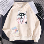 Cute Animal Husky Dog Printing Hoodie Women's Loose Oversize Clothing Autumn Warm Fleece Sweatshirt Fashion Casual Soft Hooded