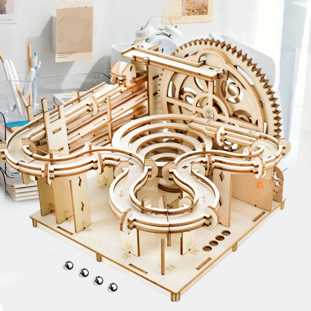 ⭐ 3D Holz Puzzle Murmelbahn | Mechanischer Bausatz | Marble Run mit 4 Kugeln | DIY Modell