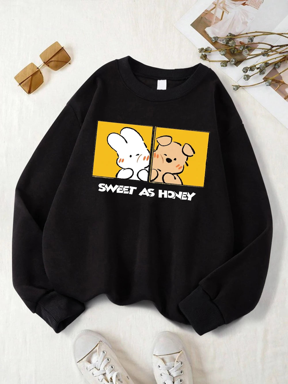 Rabbit And Dog Sweet As Honey Printing Sweatshirt Womens Crewneck Soft Hoodie Fleece Warm Winter Pullover Loose Casual Clothes