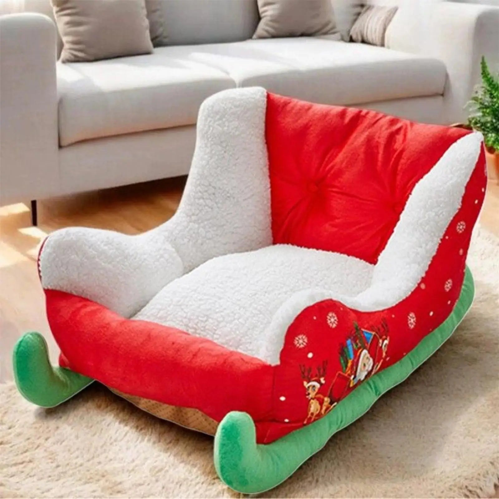 ⭐ Weihnachtsschlitten Hundebett & Katzenbett | Plüsch Schlafplatz 68cm | Santa Deko Design