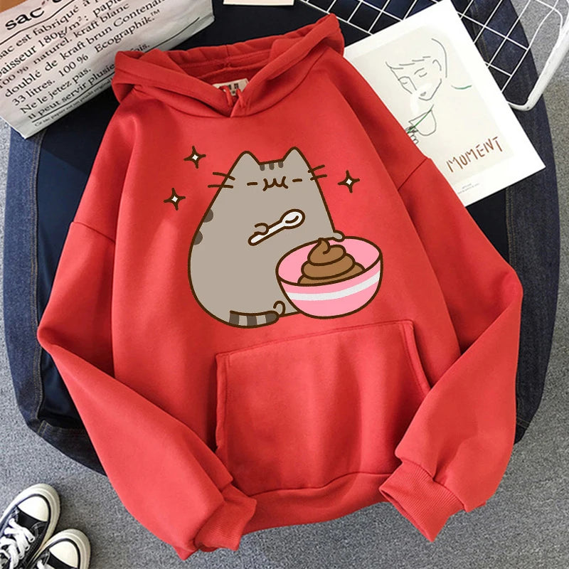 Women Ullzang Cute Cat Sweatshirt Funny Cartoon Pusheen Cat Kawaii Harajuku Korean Style Hoodies Graphic Fashion Hoody Female