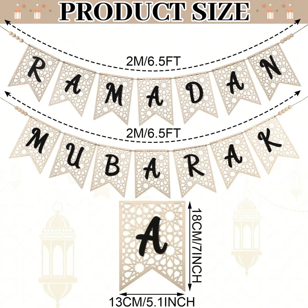 ⭐Holz Girlande Ramadan Mubarak | Rustikaler Perlen Banner | Eid Deko Set 2-teilig