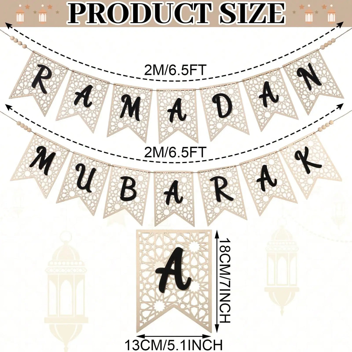⭐Holz Girlande Ramadan Mubarak | Rustikaler Perlen Banner | Eid Deko Set 2-teilig