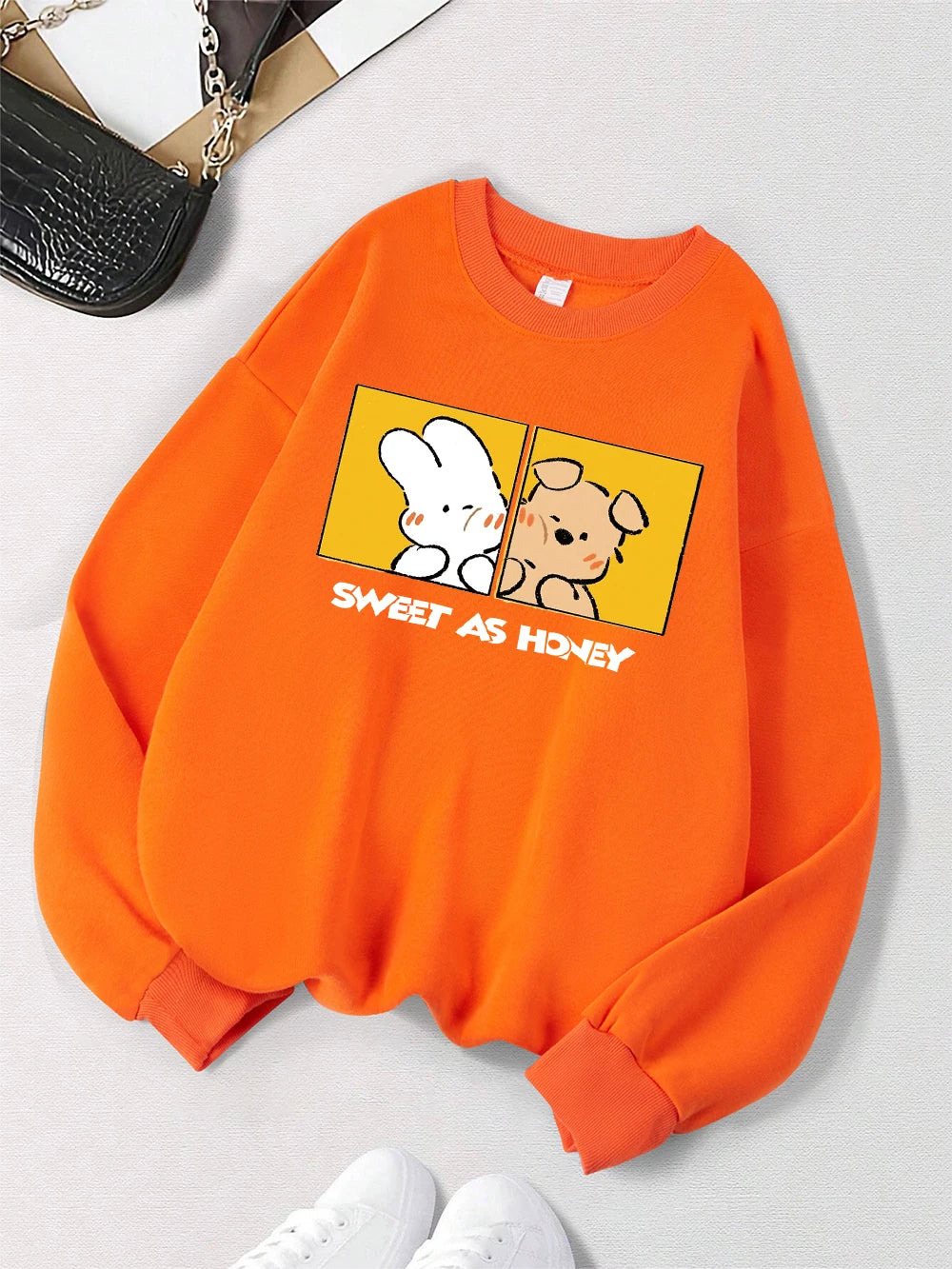 Rabbit And Dog Sweet As Honey Printing Sweatshirt Womens Crewneck Soft Hoodie Fleece Warm Winter Pullover Loose Casual Clothes