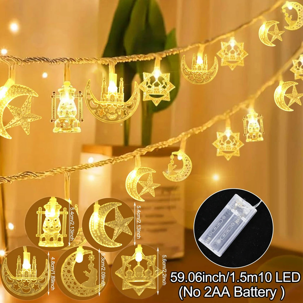 ⭐ 1,5m LED Lichterkette Ramadan | 10 LEDs Mond Stern Moschee | Eid Mubarak Deko Batterie