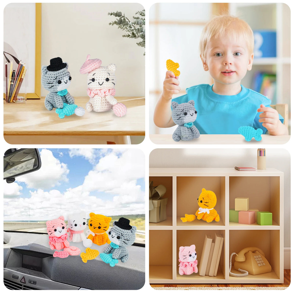 4Pcs Crochet Kit for Beginners DIY Knitting Craft Kit Fun Cat Crochet Set Cute Crocheting Cat with Accessories and Tutorial