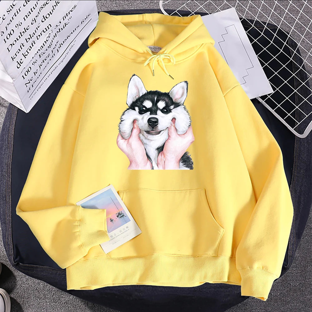 Cute Animal Husky Dog Printing Hoodie Women's Loose Oversize Clothing Autumn Warm Fleece Sweatshirt Fashion Casual Soft Hooded