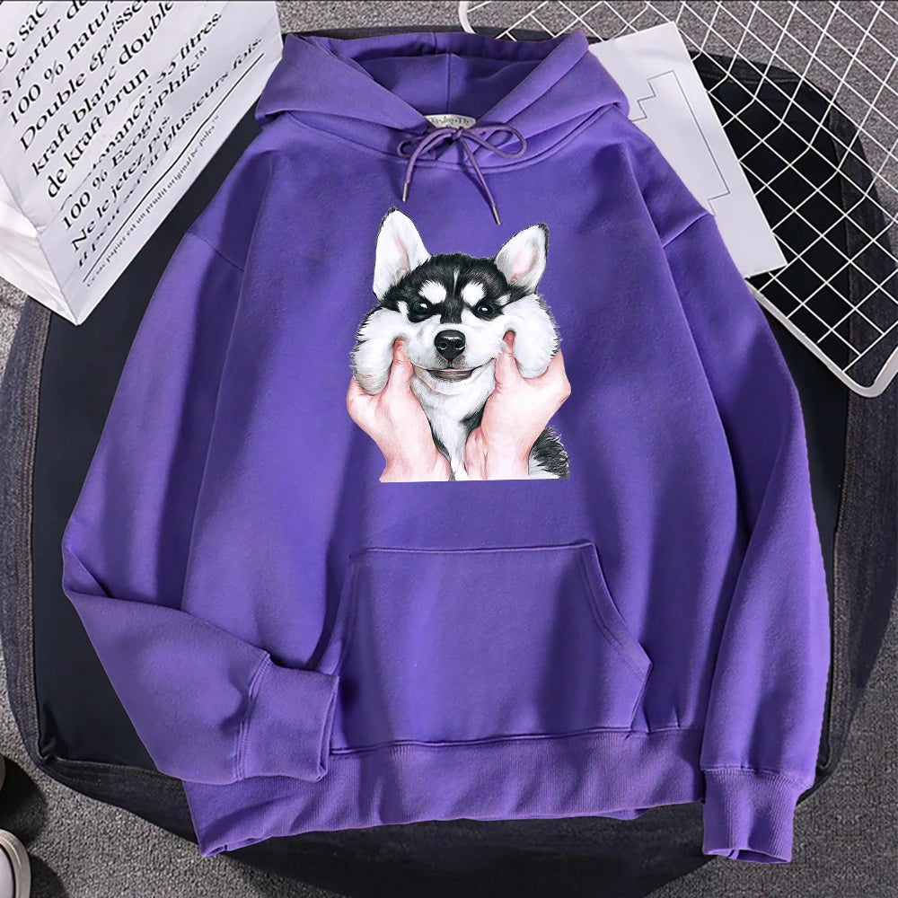 Cute Animal Husky Dog Printing Hoodie Women's Loose Oversize Clothing Autumn Warm Fleece Sweatshirt Fashion Casual Soft Hooded
