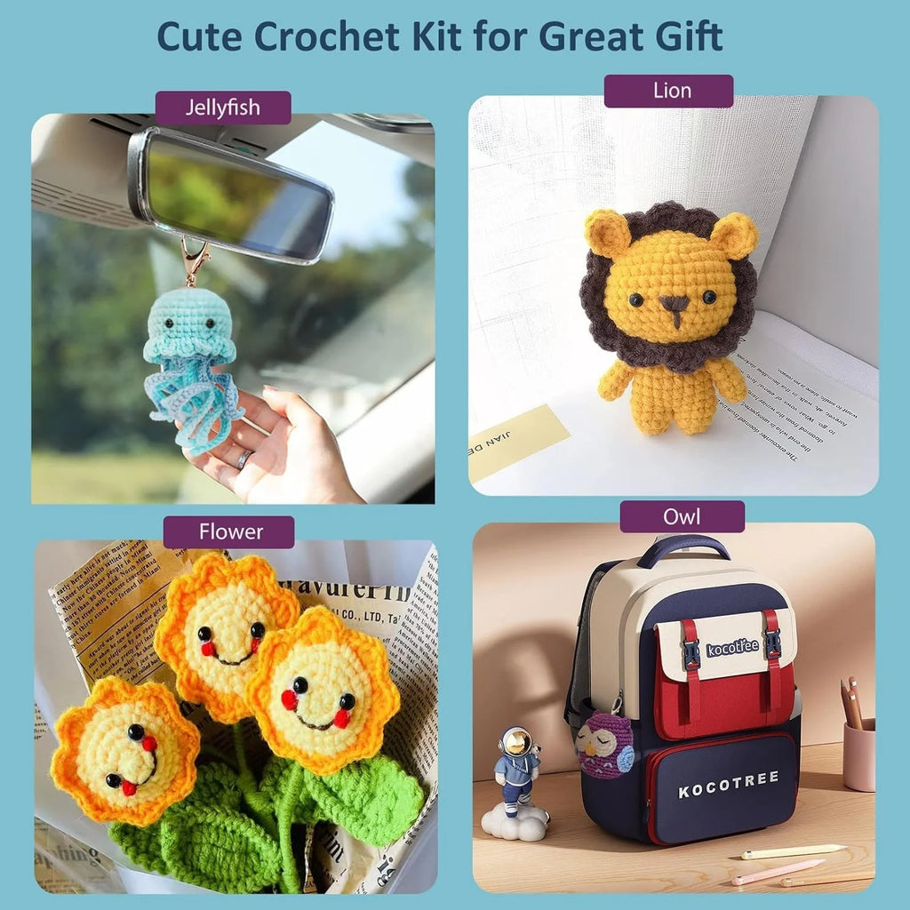 ⭐ 6-tlg. Häkelset Anfänger | Tiere Amigurumi Kit | Dino, Pinguin & Co | Inkl. Video & Garn