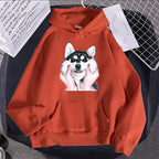 Cute Animal Husky Dog Printing Hoodie Women's Loose Oversize Clothing Autumn Warm Fleece Sweatshirt Fashion Casual Soft Hooded