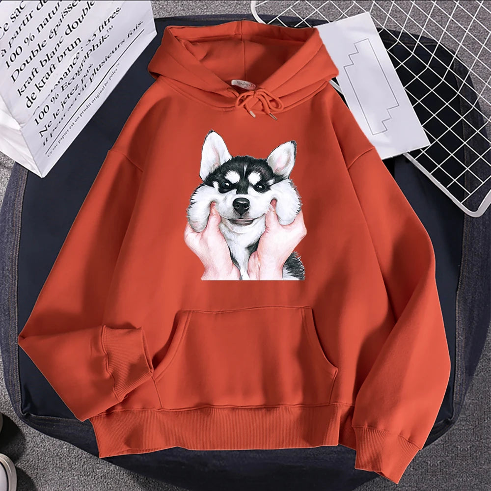 Cute Animal Husky Dog Printing Hoodie Women's Loose Oversize Clothing Autumn Warm Fleece Sweatshirt Fashion Casual Soft Hooded
