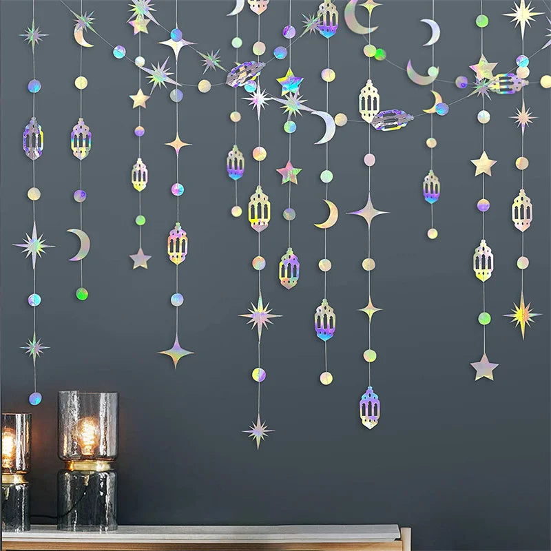 Iridescent Star Moon Circle Garland Ramadan EID Mubarak Birthday Party Decorations Hanging Crescent Twinkle Little Star Streamer