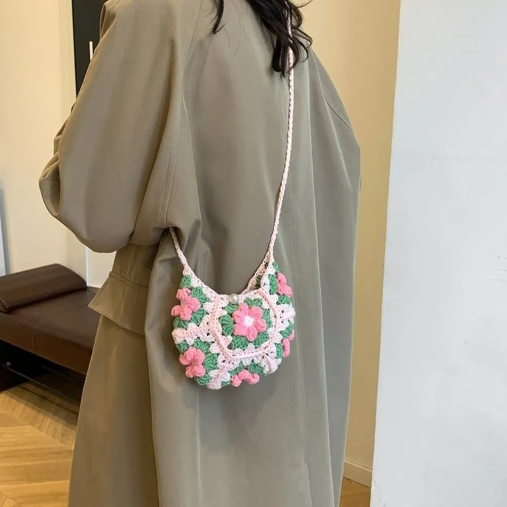 ⭐Handgehäkelte Blumen Umhängetasche | Stoffgarn Schultertasche | Süße Strick Armpit Bag
