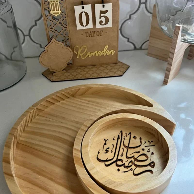 ⭐Holz Serviertablett Ramadan | Mond & Stern Schale Set | Arabische Kalligraphie Deko