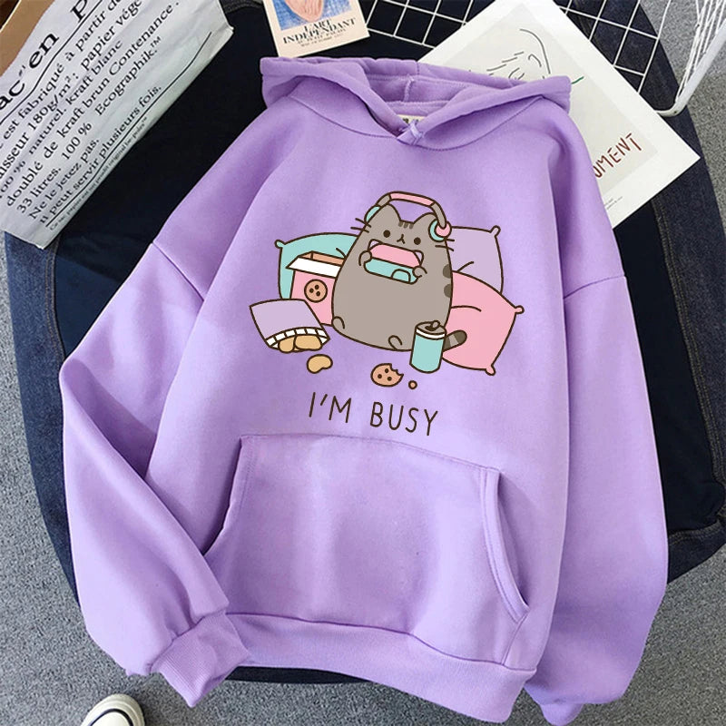 Women Ullzang Cute Cat Sweatshirt Funny Cartoon Pusheen Cat Kawaii Harajuku Korean Style Hoodies Graphic Fashion Hoody Female