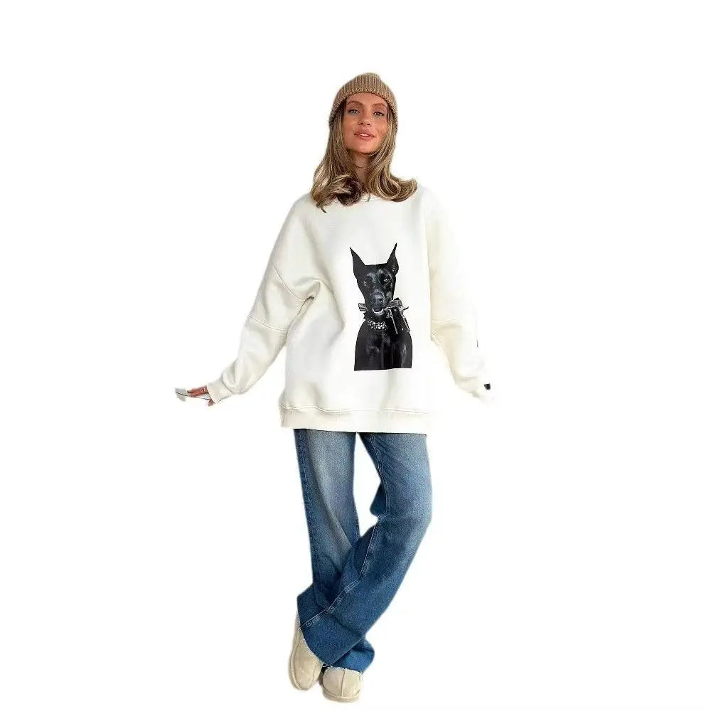 American Retro Animal Dog Print Loose Casual Sweatshirt Women Hoodies Long Sleeve Crewneck White Oversized Pullovers Autumn 2025
