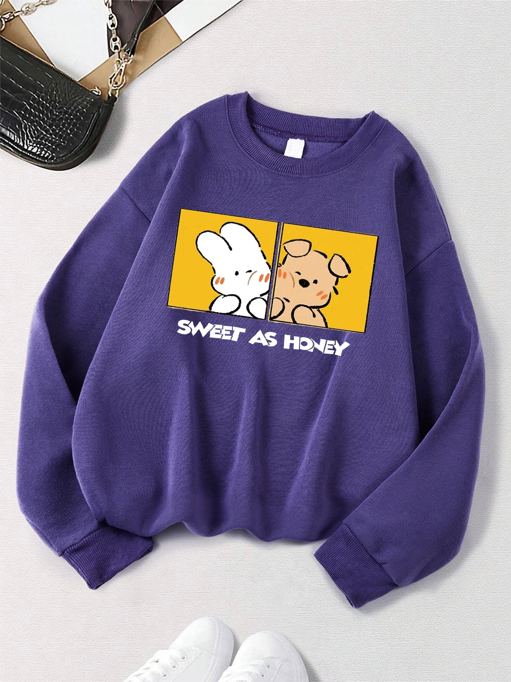 Rabbit And Dog Sweet As Honey Printing Sweatshirt Womens Crewneck Soft Hoodie Fleece Warm Winter Pullover Loose Casual Clothes