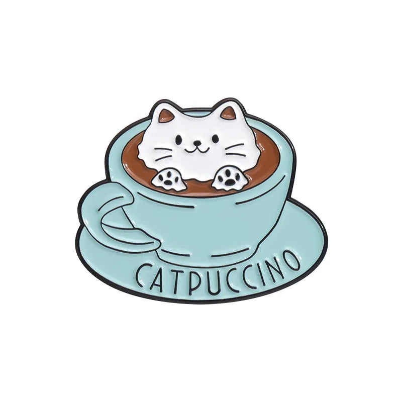 cat on coffee cup ice cream Enamel Pin Funny Brooch Cartoons Badge for Bags Jeans Hoodies Denim Lapel Pin Jewelry Kids Best Gift