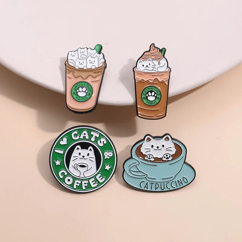 cat on coffee cup ice cream Enamel Pin Funny Brooch Cartoons Badge for Bags Jeans Hoodies Denim Lapel Pin Jewelry Kids Best Gift