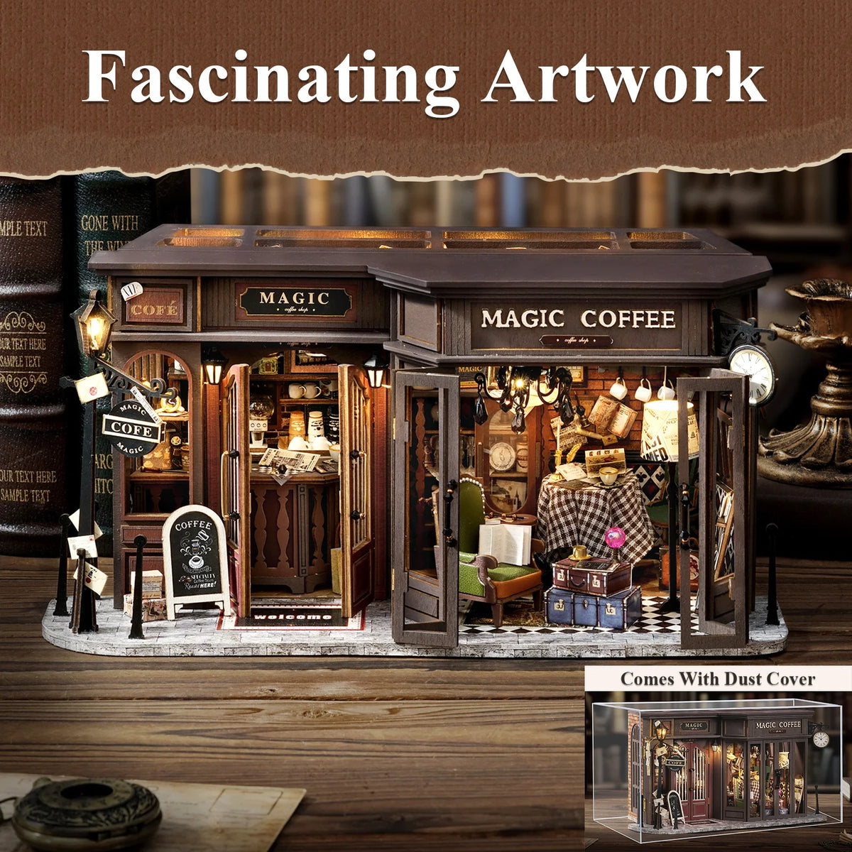 DIY Doll House Wooden Miniature Kit Assembly Building Model Kits Home Decorations with Furniture for Magic Coffee