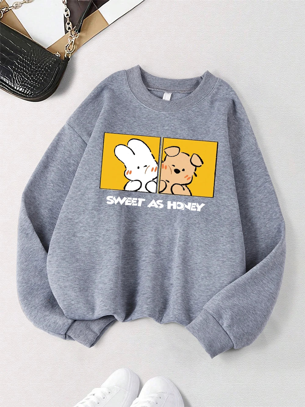 Rabbit And Dog Sweet As Honey Printing Sweatshirt Womens Crewneck Soft Hoodie Fleece Warm Winter Pullover Loose Casual Clothes