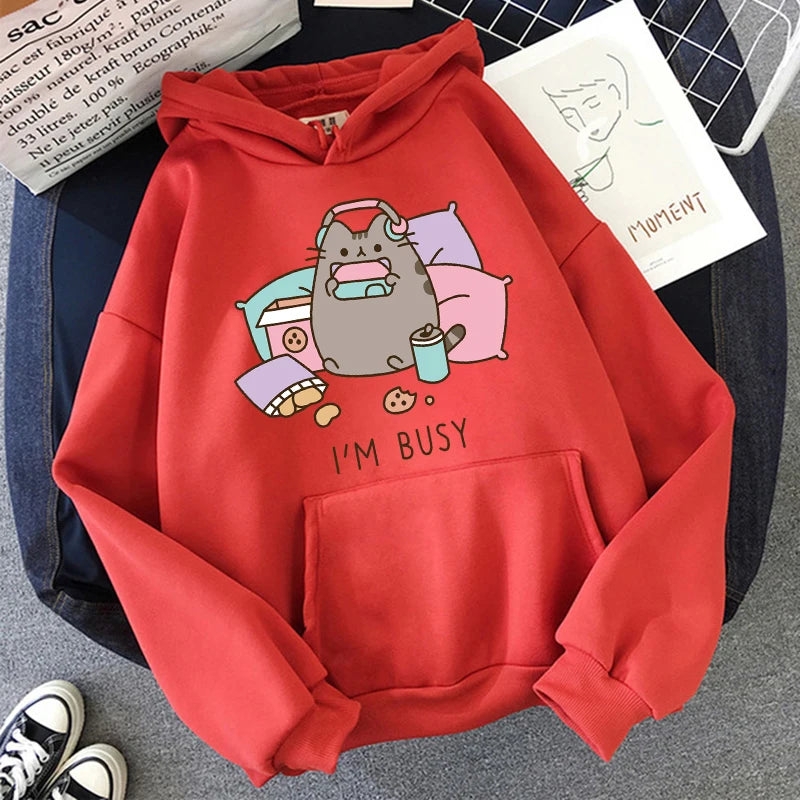Women Ullzang Cute Cat Sweatshirt Funny Cartoon Pusheen Cat Kawaii Harajuku Korean Style Hoodies Graphic Fashion Hoody Female