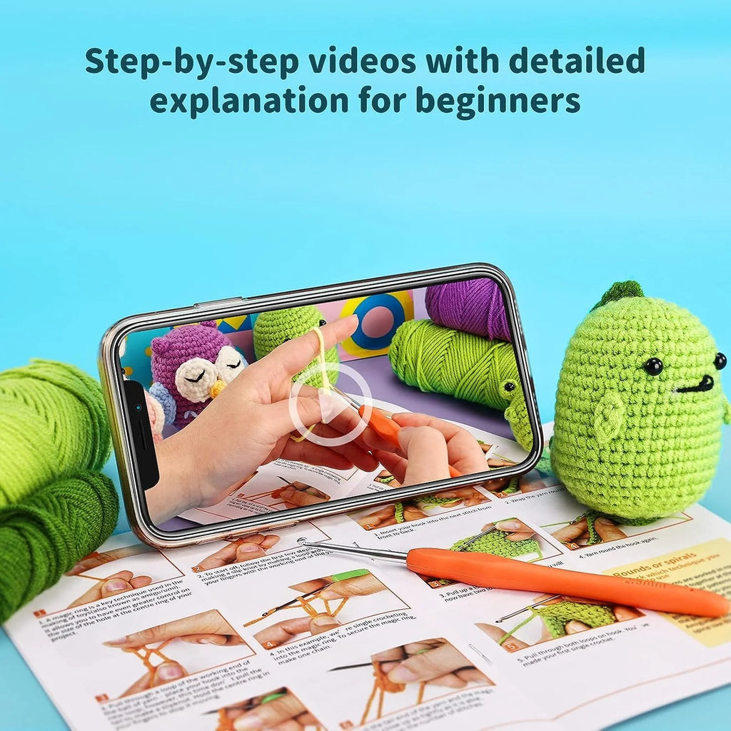 ⭐ 6-tlg. Häkelset Anfänger | Tiere Amigurumi Kit | Dino, Pinguin & Co | Inkl. Video & Garn