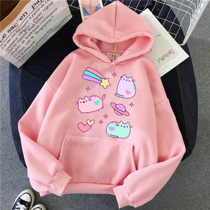Women Ullzang Cute Cat Sweatshirt Funny Cartoon Pusheen Cat Kawaii Harajuku Korean Style Hoodies Graphic Fashion Hoody Female