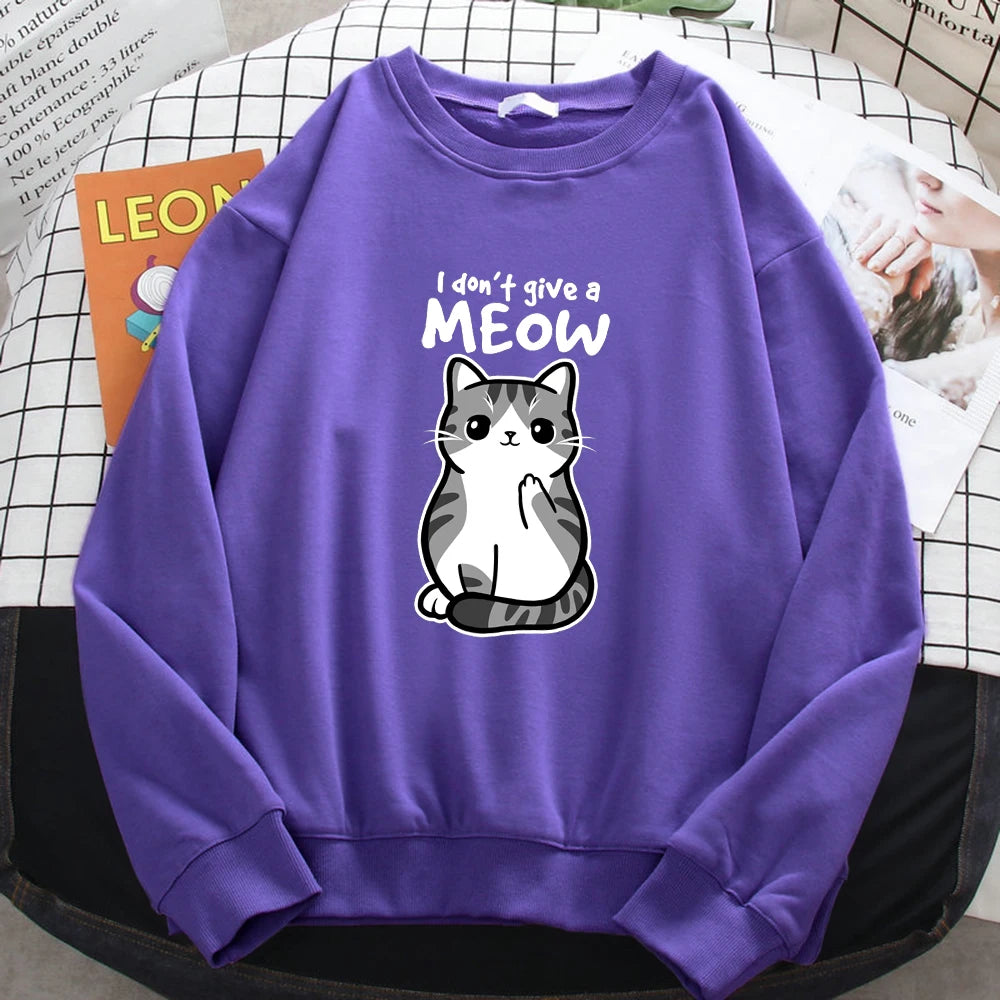 Simple Autumn Womens Sweatshirt I Don'T Give A Meow Funny Cat Cartoon Animalmale Print Hoody Fleece Pullovers Loose Warm Tops