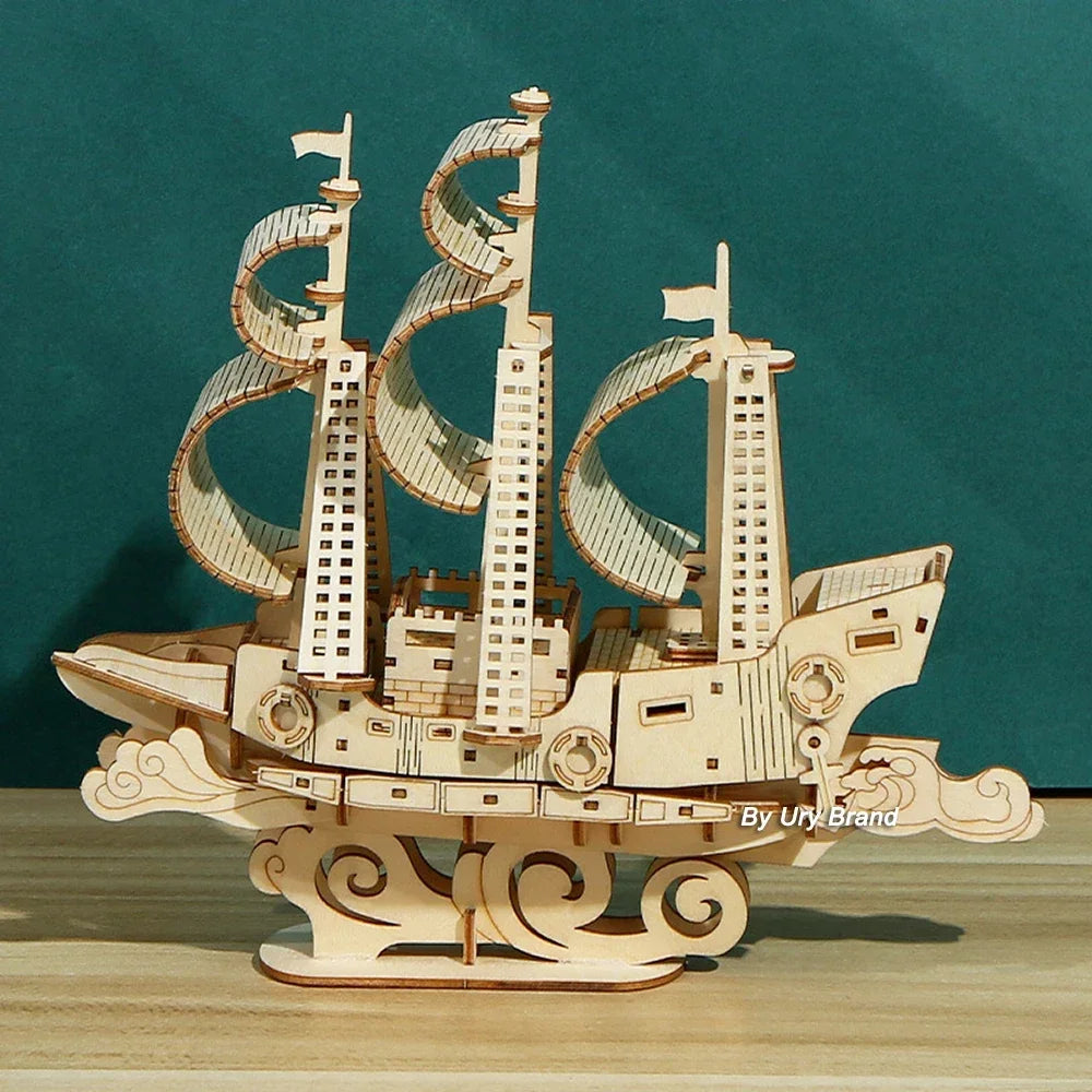 URY DIY 3D Wooden Puzzle Retro Style Sailboat Shipping Model Kits Toys Handmade Set Home Desktop Decoration Christmas Gifts