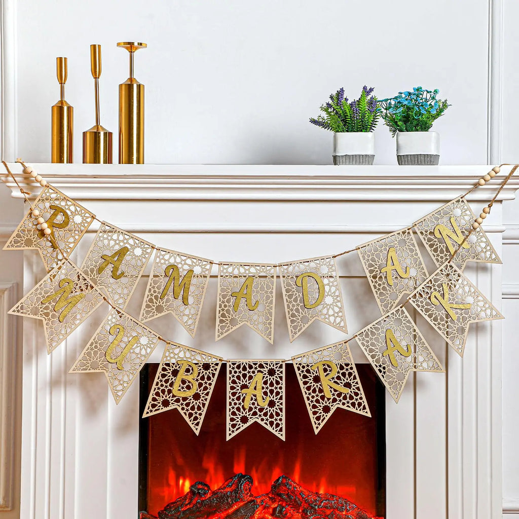 ⭐Holz Girlande Ramadan Mubarak | Rustikaler Perlen Banner | Eid Deko Set 2-teilig