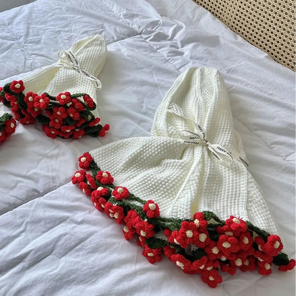 ⭐ 3D Rosen Decke fertig | Kleiner Strick-Überwurf 60cm | Blumen Deko & Sitzauflage