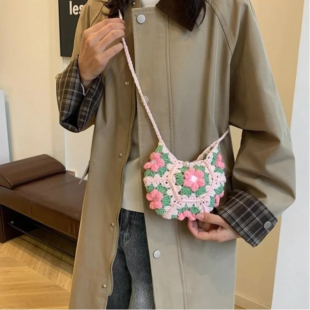 ⭐Handgehäkelte Blumen Umhängetasche | Stoffgarn Schultertasche | Süße Strick Armpit Bag