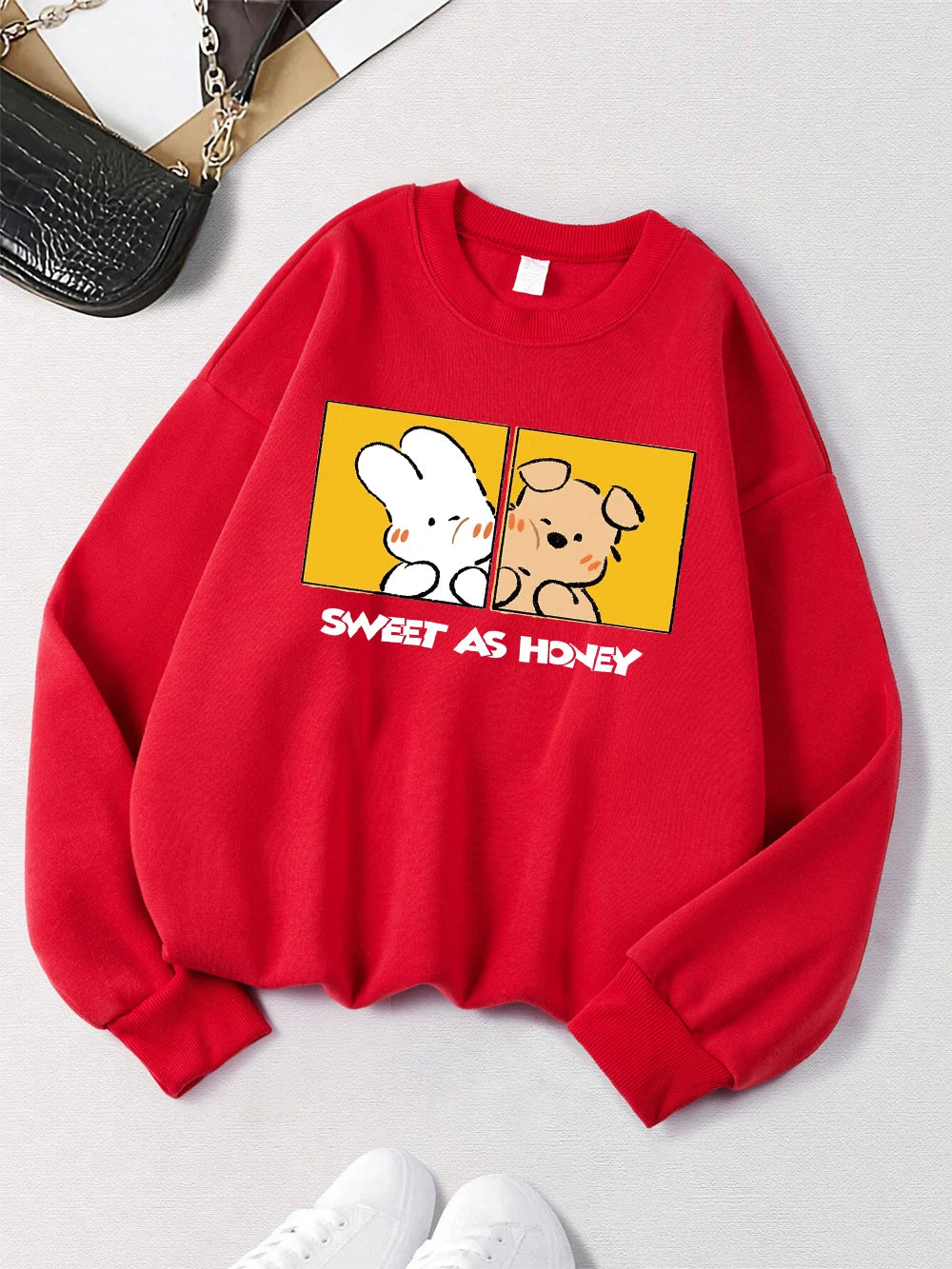 Rabbit And Dog Sweet As Honey Printing Sweatshirt Womens Crewneck Soft Hoodie Fleece Warm Winter Pullover Loose Casual Clothes