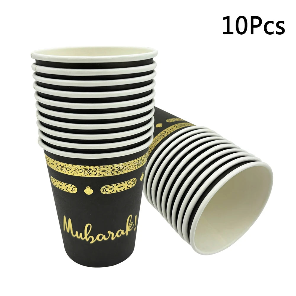1bag Eid Al-Adha Umrah Mubarak Disposable Paper Cup Plate Ramadan Mubarak kareem Hijab Muslim Islamic Festival Party Decoration