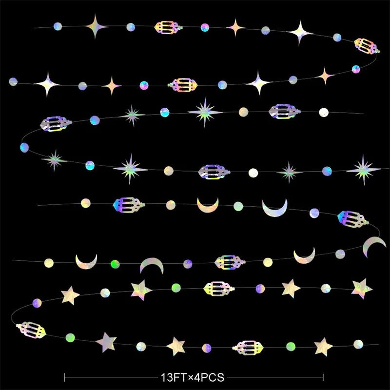 Iridescent Star Moon Circle Garland Ramadan EID Mubarak Birthday Party Decorations Hanging Crescent Twinkle Little Star Streamer