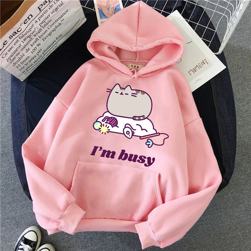 Women Ullzang Cute Cat Sweatshirt Funny Cartoon Pusheen Cat Kawaii Harajuku Korean Style Hoodies Graphic Fashion Hoody Female
