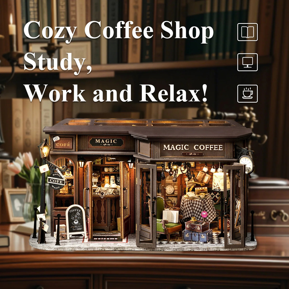 DIY Doll House Wooden Miniature Kit Assembly Building Model Kits Home Decorations with Furniture for Magic Coffee
