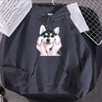 Cute Animal Husky Dog Printing Hoodie Women's Loose Oversize Clothing Autumn Warm Fleece Sweatshirt Fashion Casual Soft Hooded