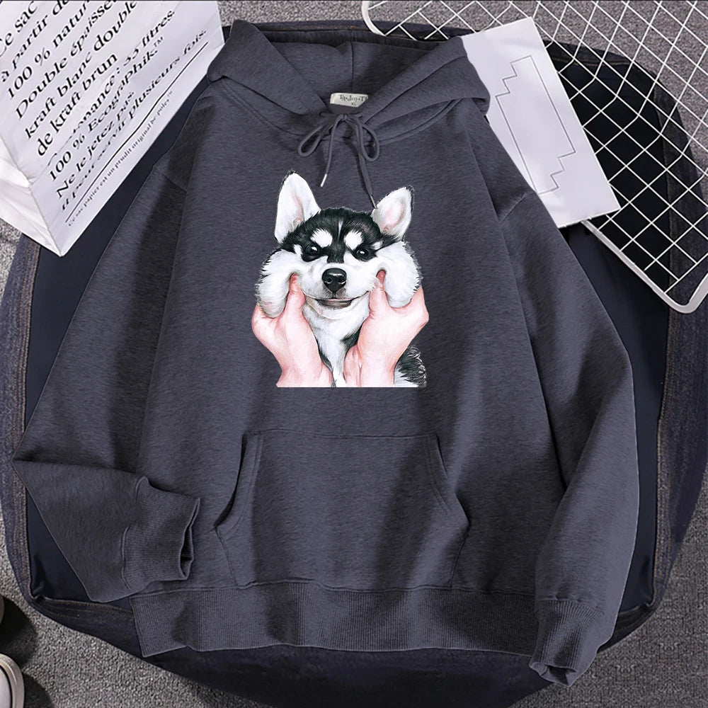 Cute Animal Husky Dog Printing Hoodie Women's Loose Oversize Clothing Autumn Warm Fleece Sweatshirt Fashion Casual Soft Hooded
