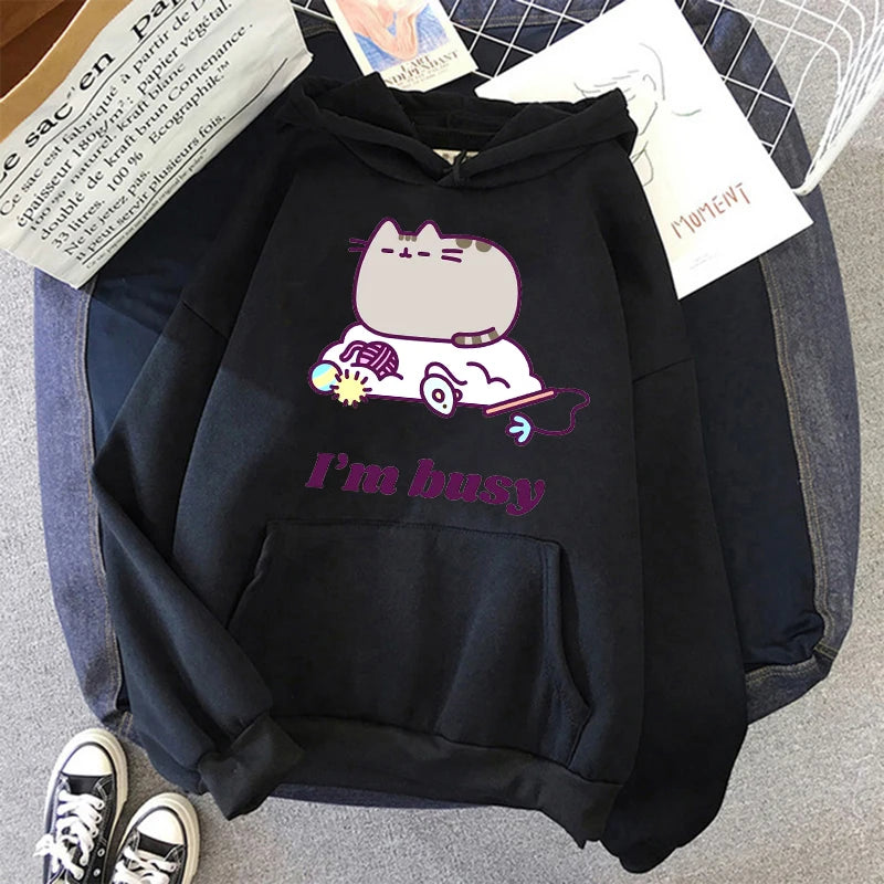Women Ullzang Cute Cat Sweatshirt Funny Cartoon Pusheen Cat Kawaii Harajuku Korean Style Hoodies Graphic Fashion Hoody Female