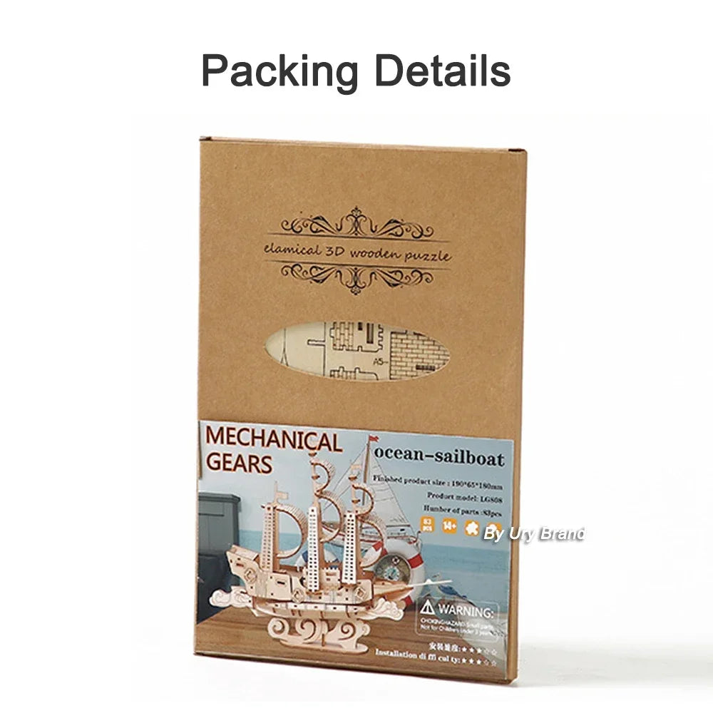 URY DIY 3D Wooden Puzzle Retro Style Sailboat Shipping Model Kits Toys Handmade Set Home Desktop Decoration Christmas Gifts