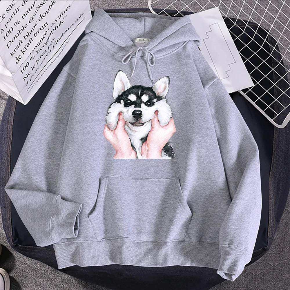 Cute Animal Husky Dog Printing Hoodie Women's Loose Oversize Clothing Autumn Warm Fleece Sweatshirt Fashion Casual Soft Hooded