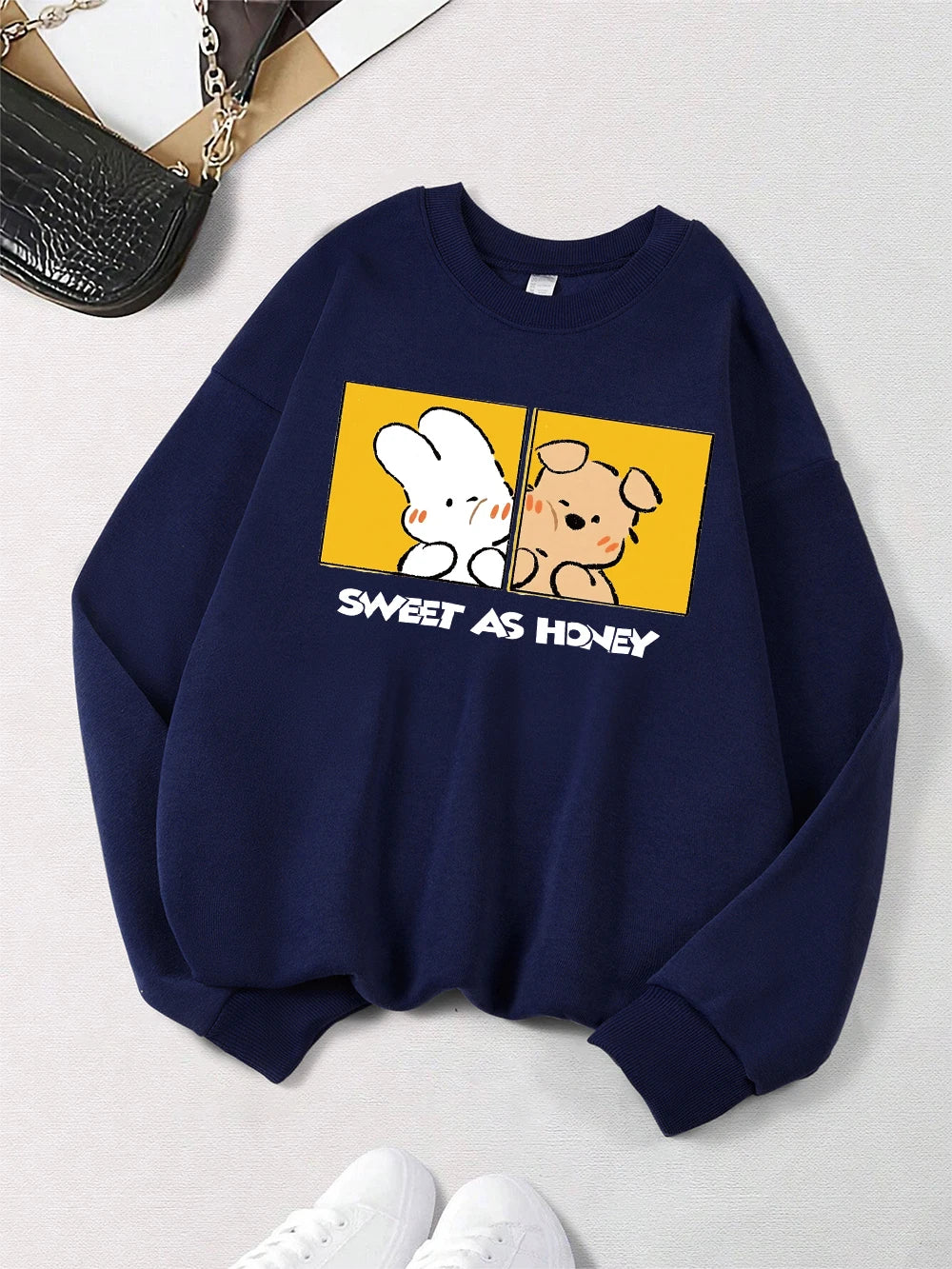 Rabbit And Dog Sweet As Honey Printing Sweatshirt Womens Crewneck Soft Hoodie Fleece Warm Winter Pullover Loose Casual Clothes