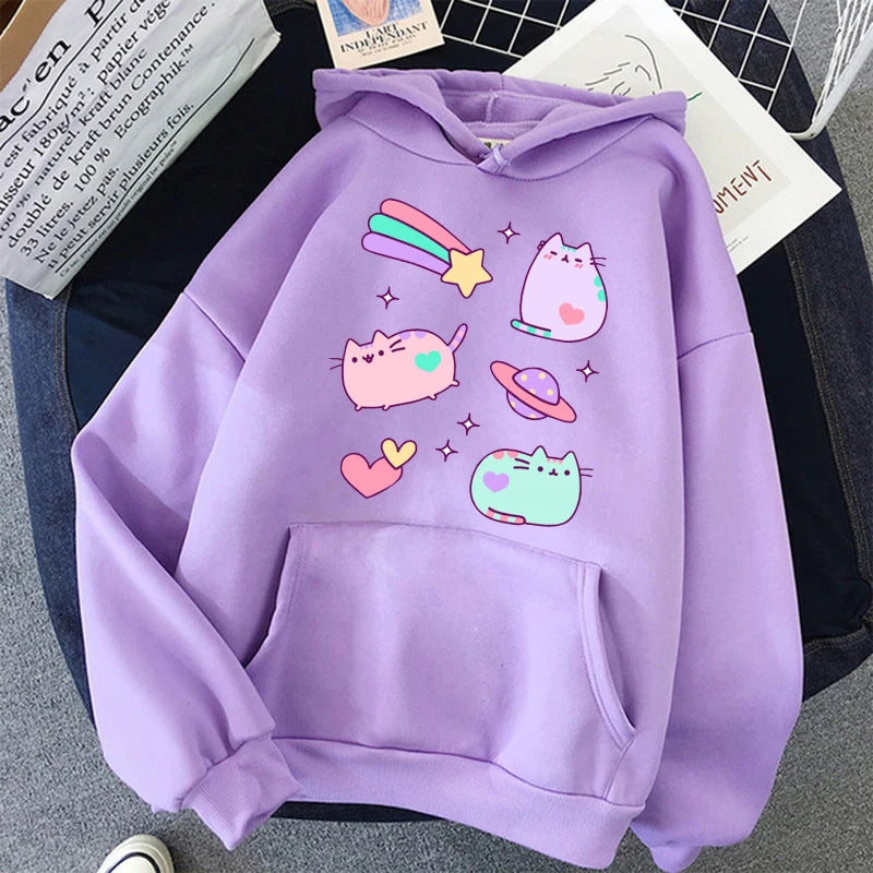 Women Ullzang Cute Cat Sweatshirt Funny Cartoon Pusheen Cat Kawaii Harajuku Korean Style Hoodies Graphic Fashion Hoody Female
